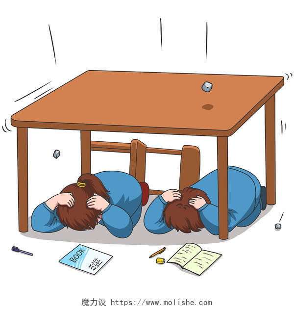 手绘卡通地震学生躲桌子底下人物元素防震减灾插画